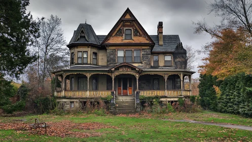 Old Victorian house with weathered porch and cloudy sky