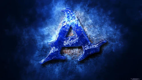 3D icy letter A with luminous particle erosion on blue field.