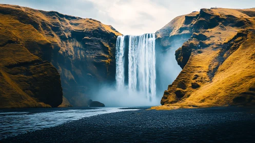 Majestic Waterfall Nestled Between Golden Mountain Cliffs