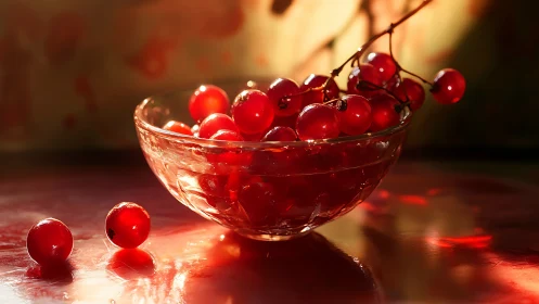 Translucent red currants in glass bowl under warm backlight.