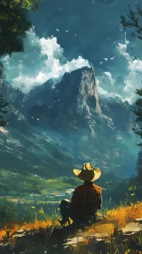 Cowboy watches sunlit valley below towering granite peak.