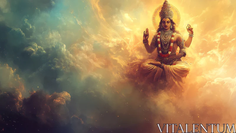 Radiant celestial deity meditates within glowing cosmic clouds