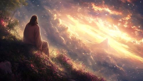 Robe-clad figure on hillside facing luminous clouded sky.