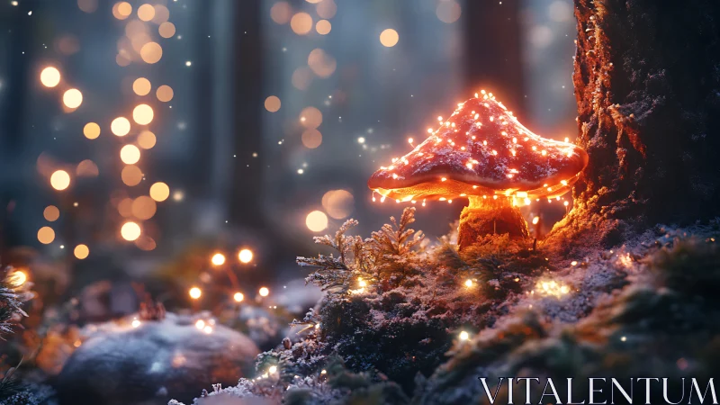Star-kissed forest mushroom glowing in frosted twilight hush.