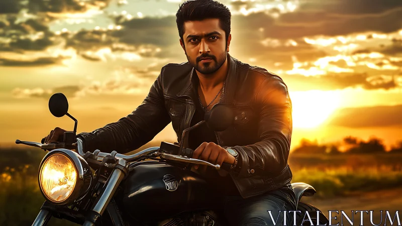 Motorcyclist in leather jacket at cinematic sunset ride.