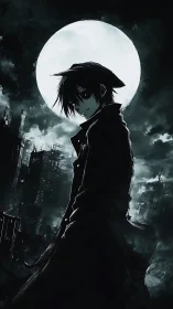 Hooded anime figure stands before full moon over dark city