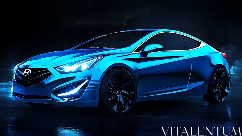 Blue Hyundai coupe is rendered in stylized frontal side view