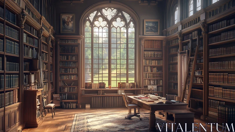 Sunlit gothic library sanctuary where quiet pages dream.