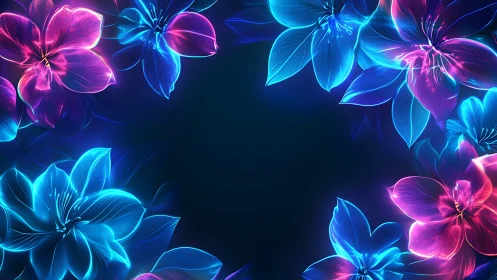 Neon floral frame glows with electric blue and magenta petals