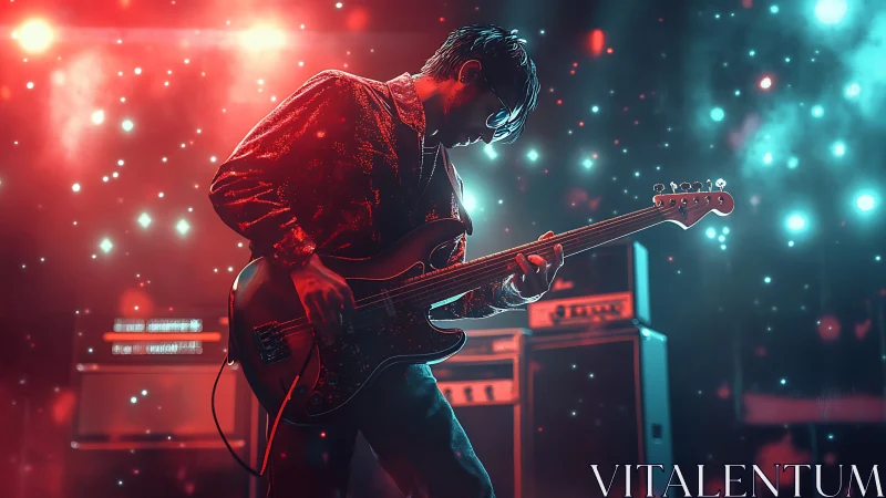 Electric bassist in neon bokeh concert lighting performance.