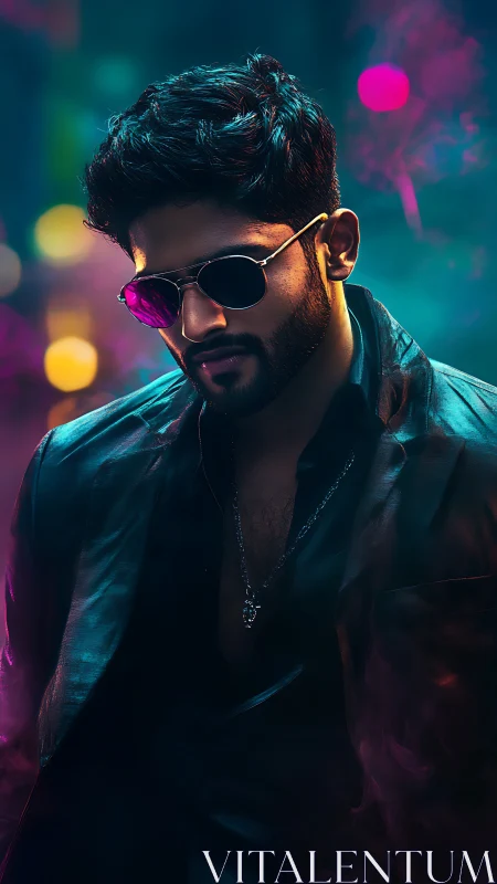 Man in leather jacket stands in neon-lit, shallow-focus scene