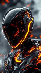 Futuristic molten armor glowing with bold neon energy.