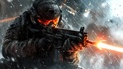 Armored soldier discharges rifle amid heavy rain and muzzle flash