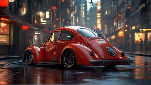 Red compact car rendered on wet urban street at night