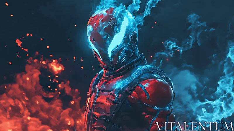 Armored humanoid figure in blue flames against red embers.