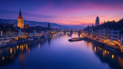Twilight river hush lets clocktowers whisper across Zurich