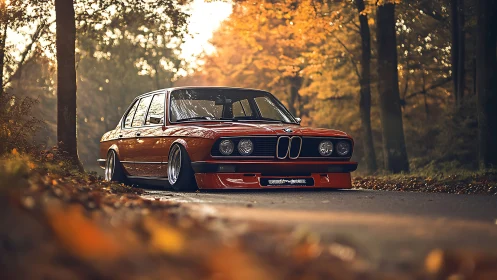 Golden-hour autumn drive highlights a classic red BMW sedan