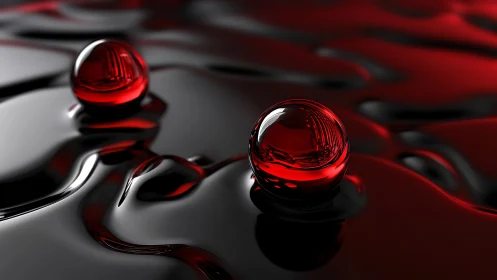 Red glass spheres glide across reflective black liquid.