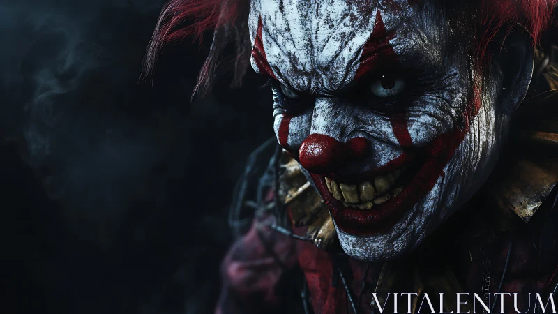 Cinematic low key render of malevolent carnival clown portrait.