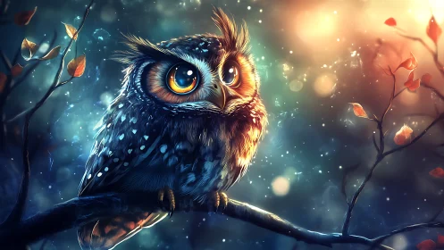 Enchanting Owl Illustration with Glowing Eyes in Magical Forest.