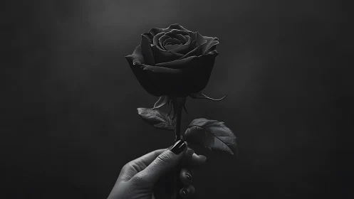 Monochrome hand-held black rose in dramatic low key lighting.