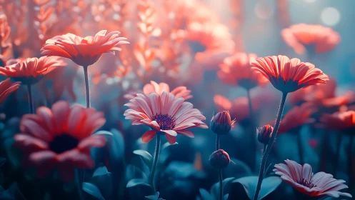 Red Gerbera Daisies Blooming in Soft Focus Garden.