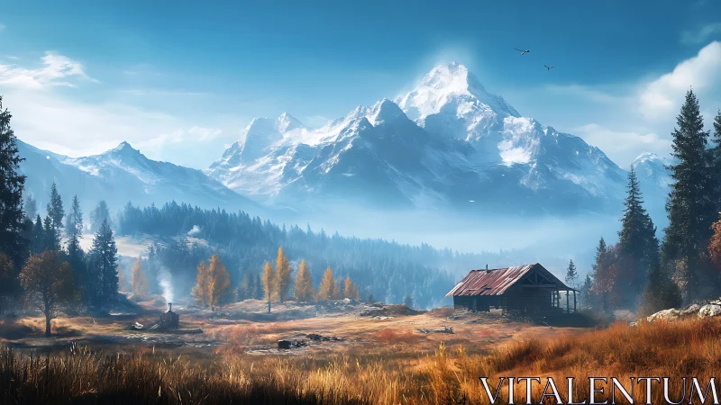 Alpine valley cabin under snowcapped peaks in golden light.