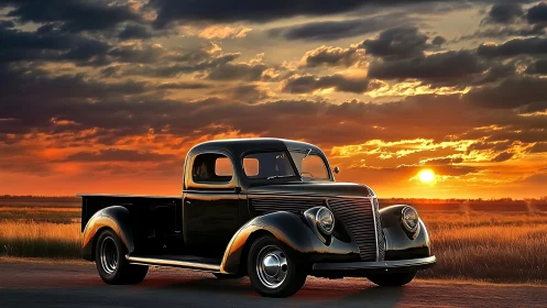 Vintage black pickup truck on rural road at sunset horizon.