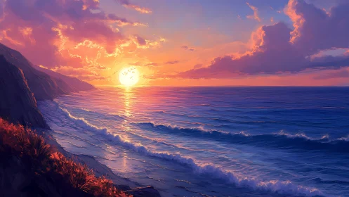 Sunset illuminates tranquil ocean waves along rugged coast