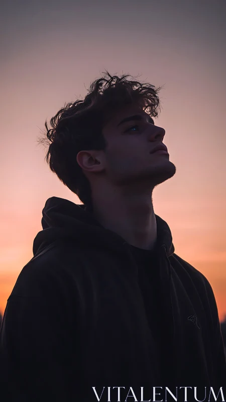 Silhouetted daydreamer soaking in a bruised cotton sunset.