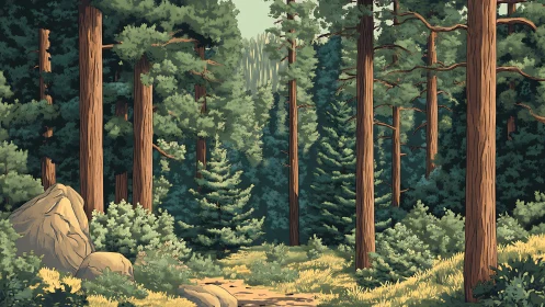 Ancient Redwood Forest with Towering Trees and Boulder.