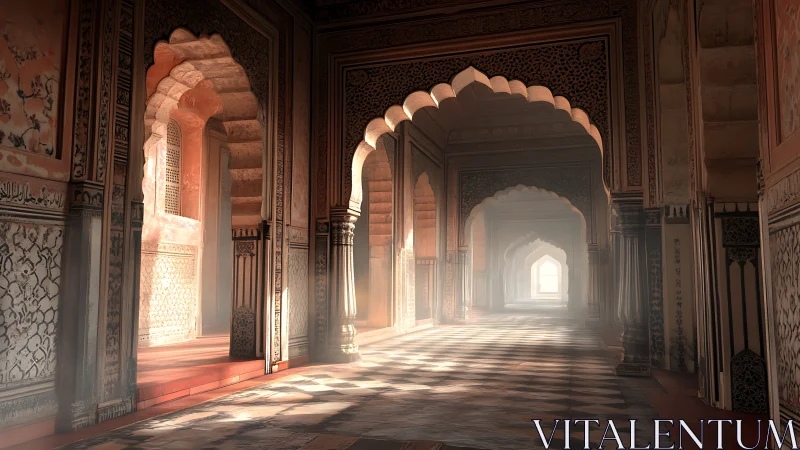 Golden morning light softens arches in a peaceful corridor