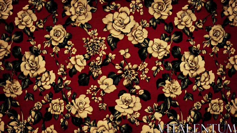 Vintage rose floral pattern covers rich red woven fabric