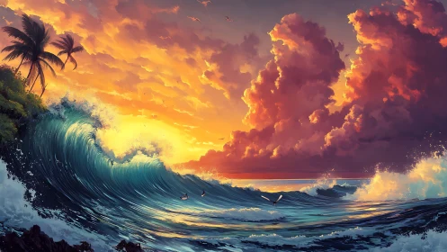 Tropical storm surf under radiant sunset cumulonimbus sky