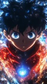 Blazing young hero stands calm within swirling cosmic power