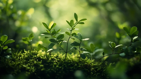 Lush forest floor with young green plants in soft natural light.
