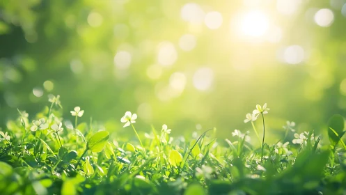 Morning sunlight bathes clover field in soft green glow