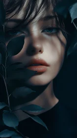 Female face framed by dark foliage in low key lighting