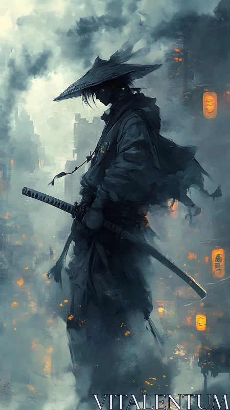 Solitary swordsman in misted urban skyline at night.