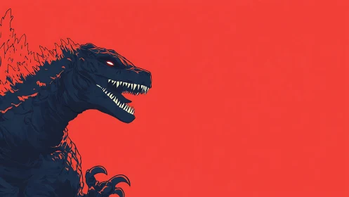 Monochrome kaiju profile on flat crimson negative space field