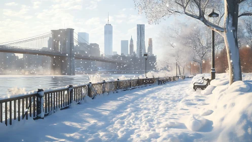 Snow-laden urban riverfront with bridge and skyline perspective.