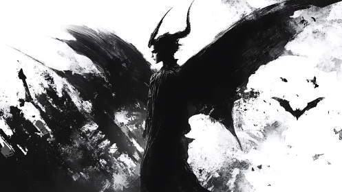 Monochrome horned fallen angel in dynamic ink abstraction.