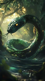 Emerald forest serpent coils above dark swirling water