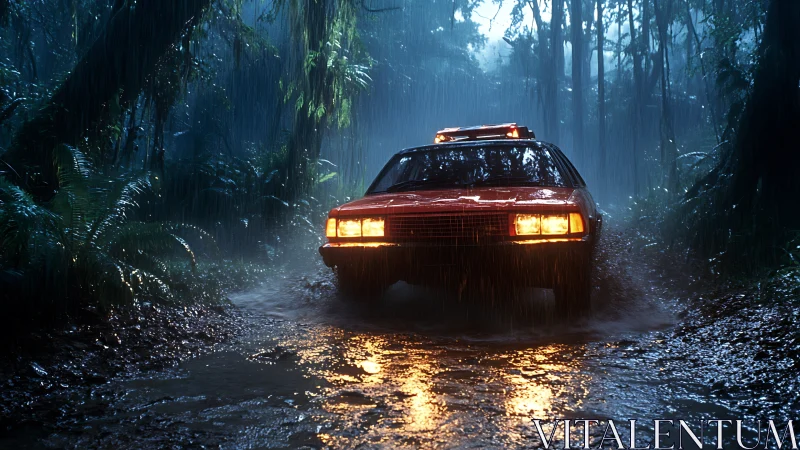 Retro off-road sedan traversing storm-lashed rainforest track.
