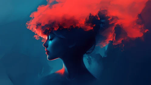 Profiled female silhouette merges with vivid red cloud plume