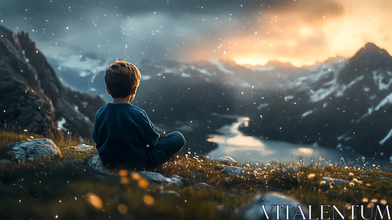 Boy Gazing at Mountain Lake at Sunset in Dreamy Cinematic Style.