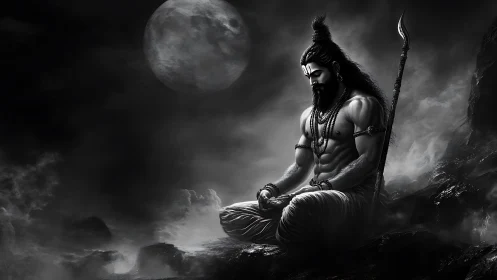 Monochrome divine warrior in meditative lunar chiaroscuro.