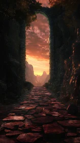 Sunset stone passageway opening toward quiet mountain dreams.