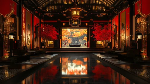 Opulent red temple hall reflects autumn garden panorama