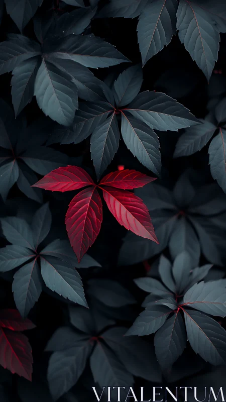 Crimson leaf rebels against a forest of midnight blue foliage.